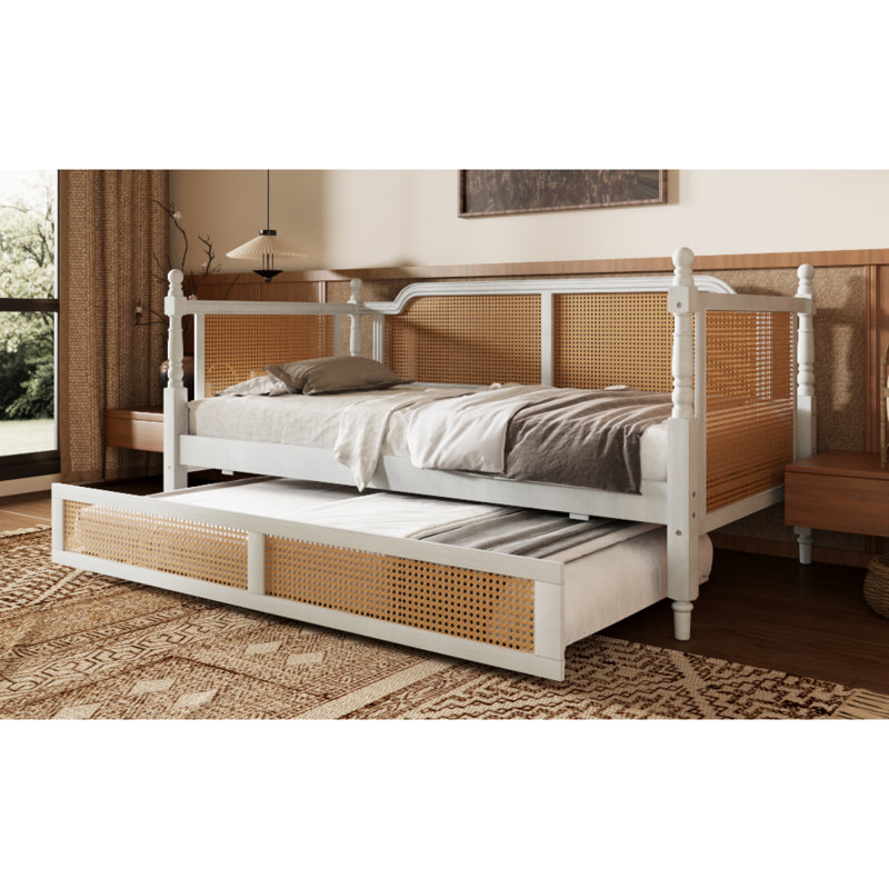 Lit de jour simple en rotin de style traditionnel avec lit gigogne simple pour un espace limité, chambre d'amis, aucun sommier nécessaire, blanc antique