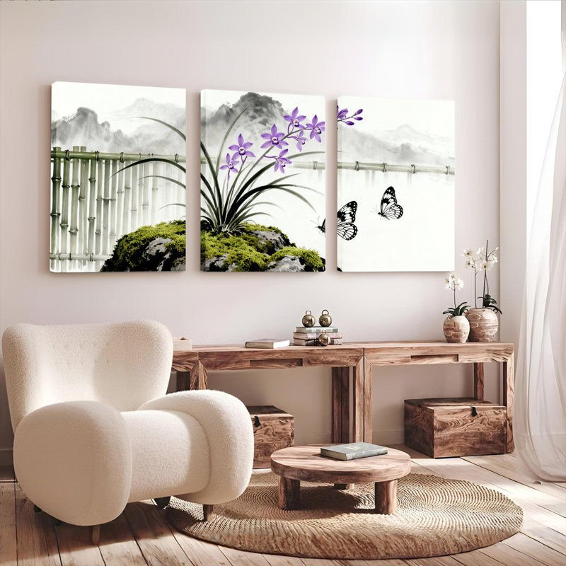 Orchidée mauve et paysage de bambou, art mural de peinture à l'encre de Chine (ensemble de 3), H 18 po x l 36 po