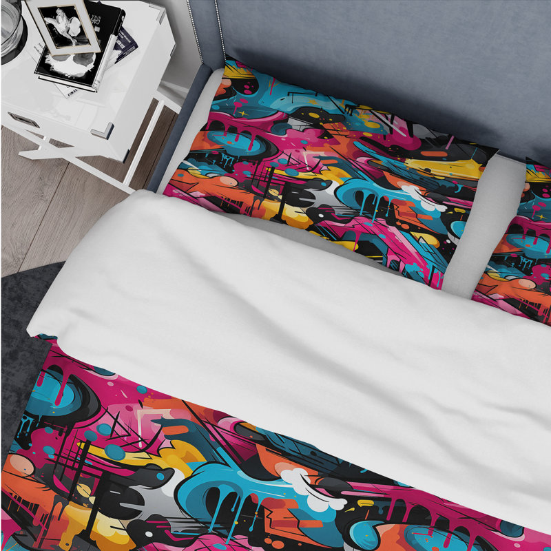 Literie Popart Neon Graffiti Fusion I, Housse de couette pour grand lit et 2 taies décor