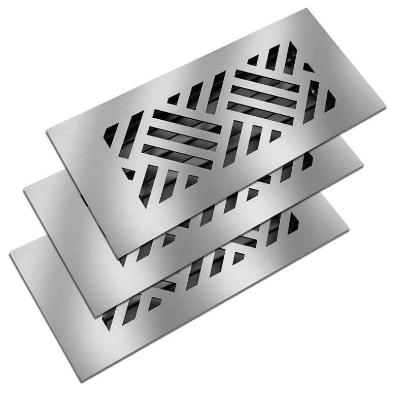 Reggio Register 4x10 (3-Pack) Low-Profile Steel Floor Vent Cover - Diagonal Pattern - With Louver, Silver