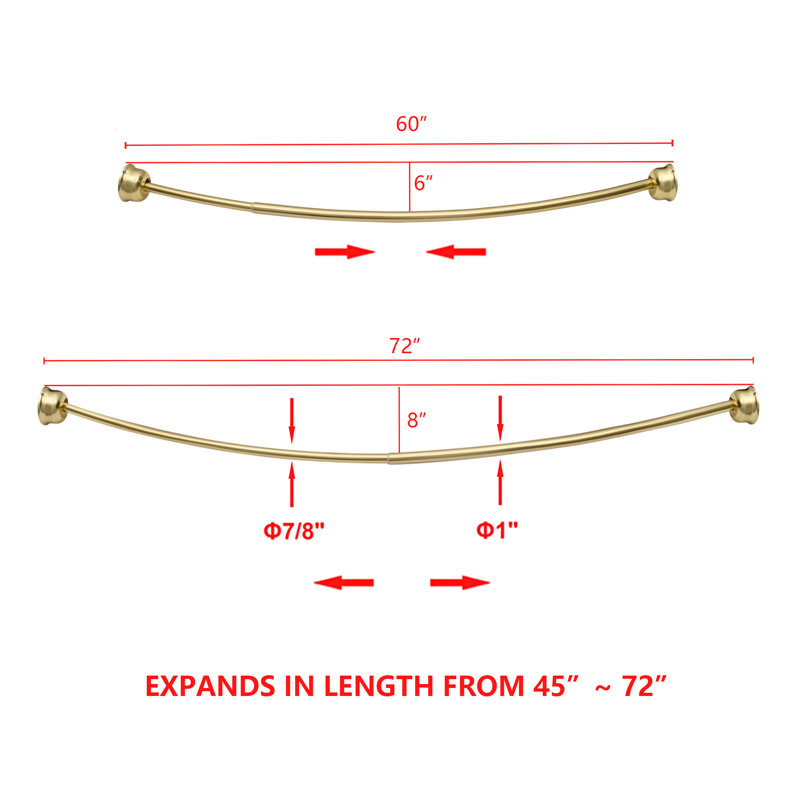 Utopia Alley Rustproof Fixed Mount Single Curved Shower Rod, Aluminum, adjustable from 45" to 72" Wide, Gold
