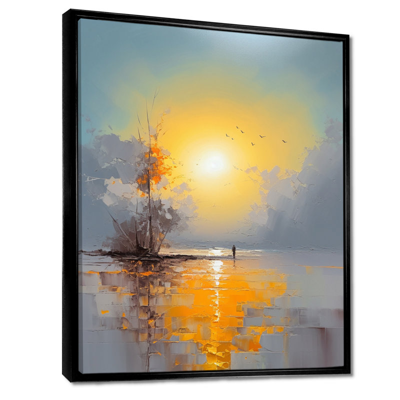 Arbre unique dans un lac sous un soleil jaune pâle - plage et océan, art mural, H 20 po x l 12 po x P 1 po