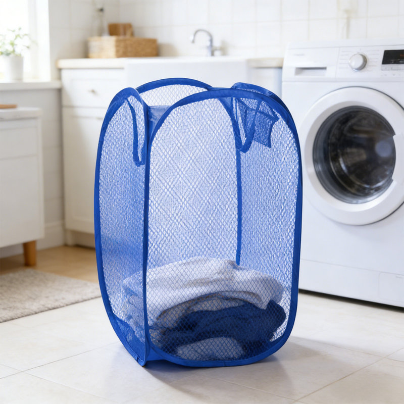 Foldable Mesh Laundry Hamper With Side Pocket Clothes Laundry Basket Storage Bag With Carry Handles For Dirty Clothes, Blue