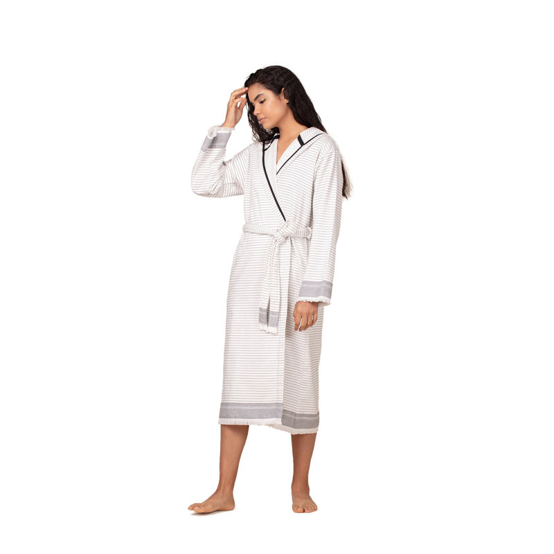 Peignoir 100% coton mi-mollet avec poches et capuche, G / TG