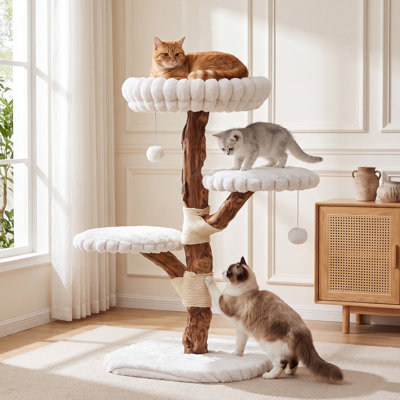 32.28" Tall Solid Wood Cat Tree, Modern Cat Tower with Removable Cushions and Sisal Scratching Posts for Indoor Cats