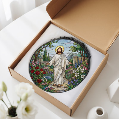 Jesus Garden Stained Glass Window Panel，12"H