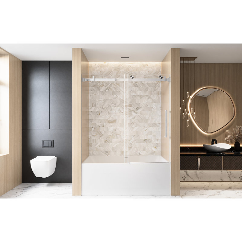 60 - Inch High Single Sliding Shower Door 56 Inches Wide, 6mm Clear Tempered Glass With Shatter Film, Stainless Steel Track And Handle In Brushed Nickel Finish, Good For Bathroom Use, Silent Smooth