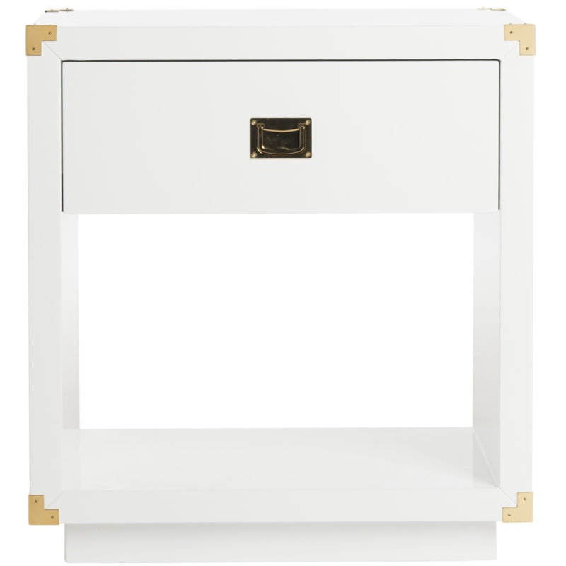 White Lacquer Rectangular Side Table with Brass Accents and Storage