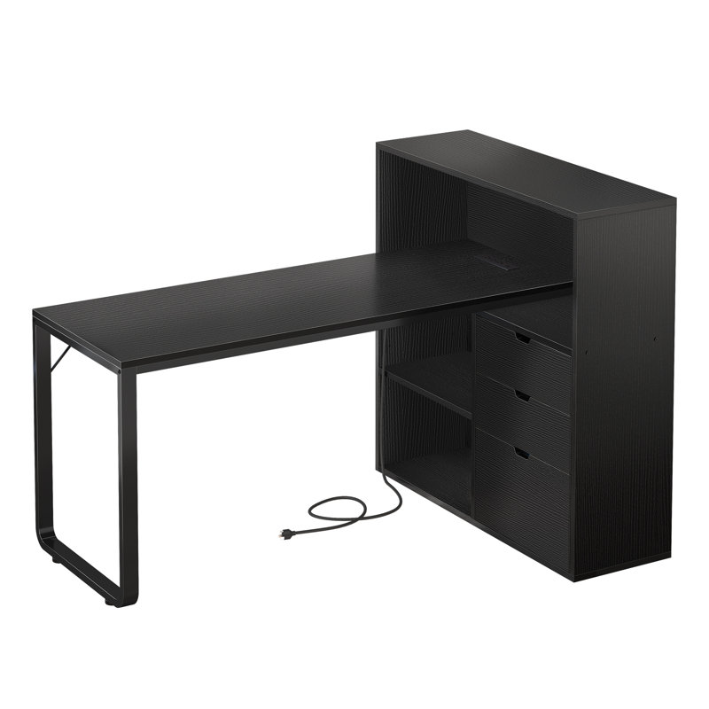 Broly 55.1'' L-Shape Computer Desk with Colorful LED Light and Built-In Outlets, Black