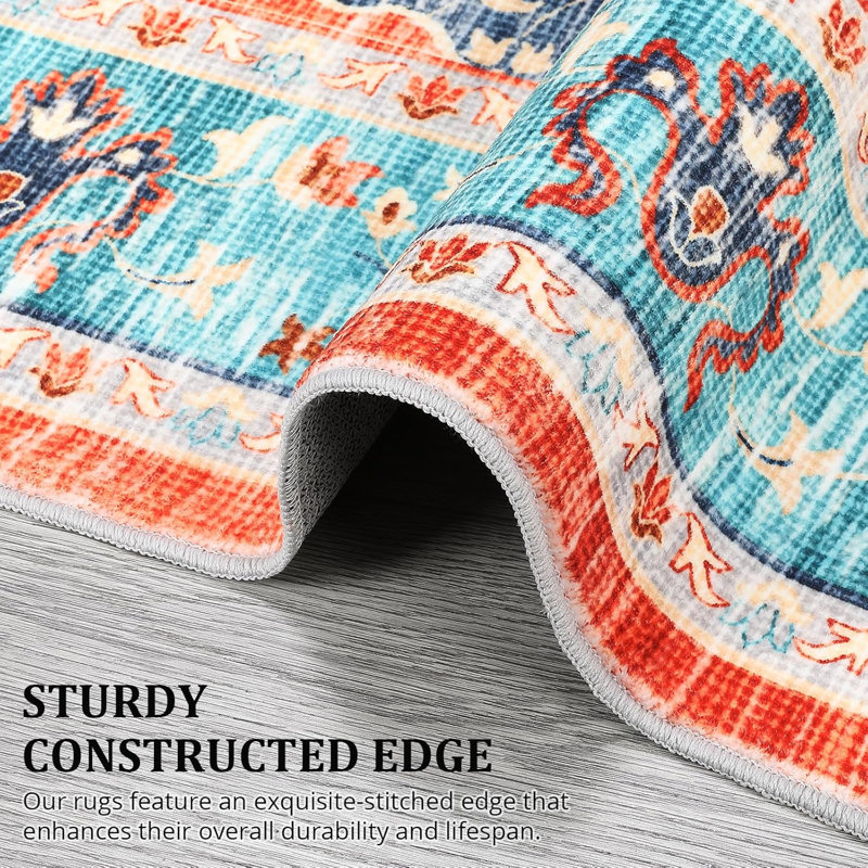 Machine Washable 4x6 Ft Vintage Chenille Print Rug, Non-Slip, Low Pile for Living Room/Bedroom/Dining Room/Home Office (Red)
