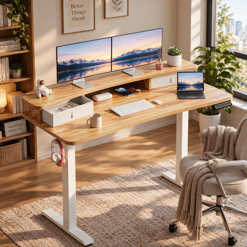 Bureau debout électrique à hauteur ajustable avec tiroirs Jeneffer, 60″ x 30″, Blanc