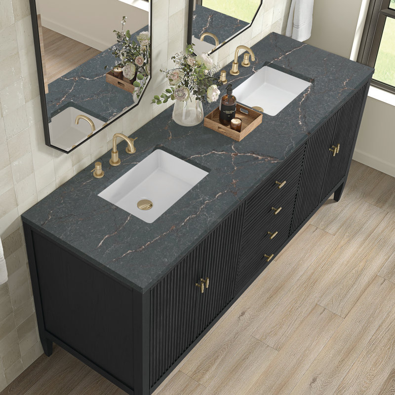Myrrin 72'' W Double Vanity, Carbon Oak, Parisian Blue, 8" Widespread