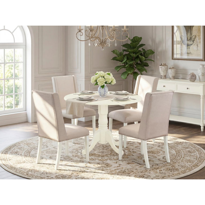 Ensemble de table de salle à manger 5 pièces moderne comprenant une table ronde en bois avec Dropleaf et 4 chaises de salle à manger Parson en tissu crème, lin blanc
