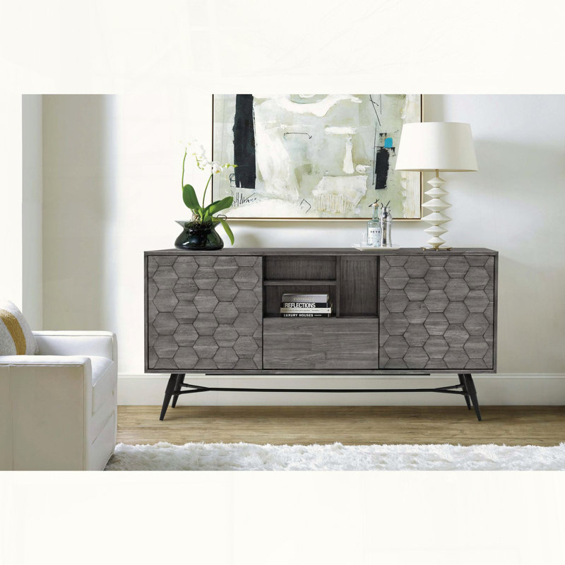 Buffet Makena en bois d'acacia gris avec accent nid d'abeille