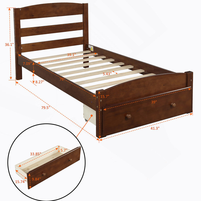 Structure de lit plateforme avec tiroir de rangement et support en lattes de bois sans sommier, Walnut