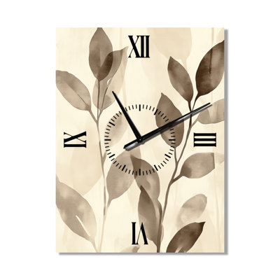 Taupe Leaf Silhouette II - Minimalist Metal Wall Clock