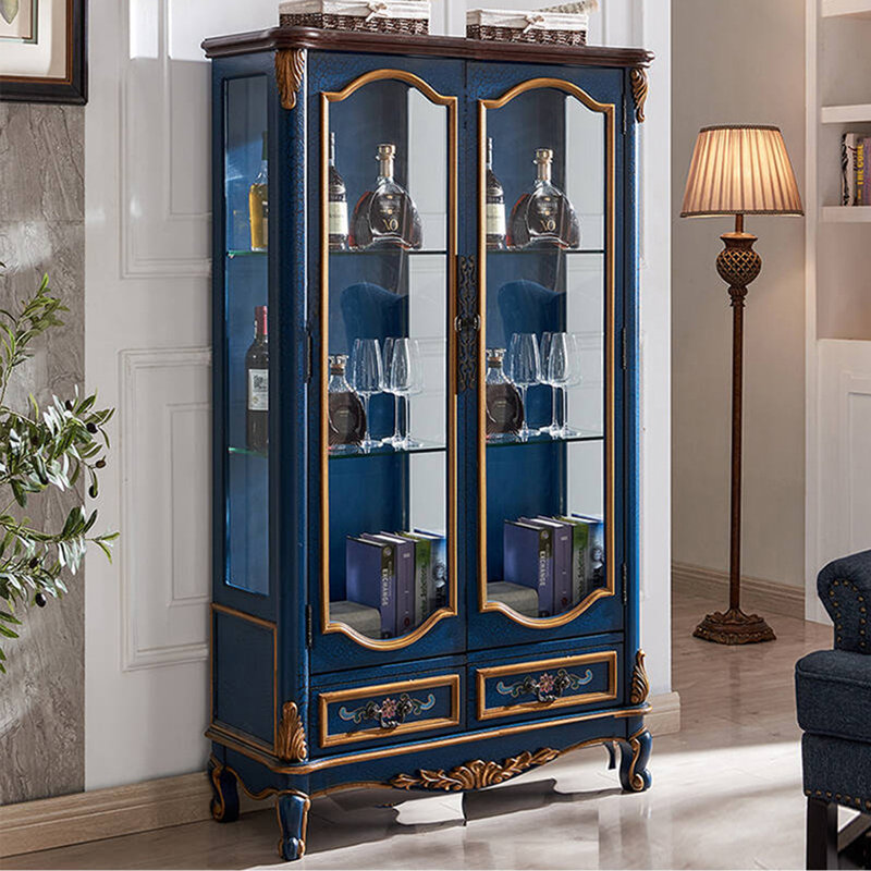 Bleu massif + bois manufacturé + vitrines, Bleu