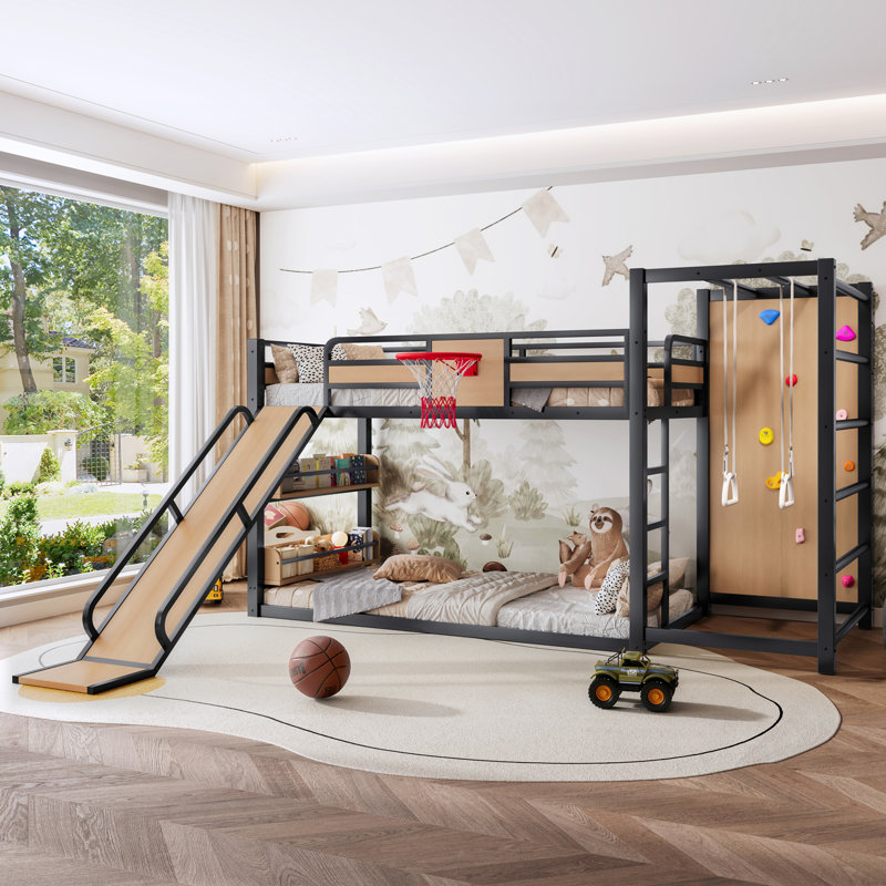 Metal Loft Bunk Bed With Basketball Hoop, Pull-Up Rings, Climbing Wall, And Bookshelves For Fun And Learning, Twin