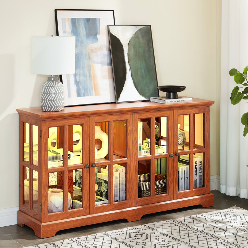 Vitrine en verre avec bande à DEL de 7 couleurs, télécommande et base pour antiquités dans une armoire réglable, poignées en métal, éclairage intérieur contrôlé