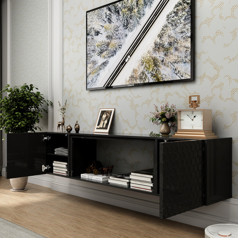 Support mural flottant pour téléviseur de 80 pouces - capacité de poids élevée, gestion des câbles, look contemporain, support de rangement pour équipement audio, centres de divertissement appropriés