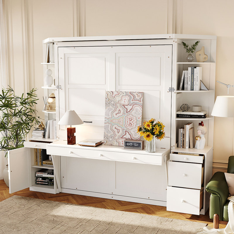 Grand lit escamotable avec tablettes de rangement pour bureau, White