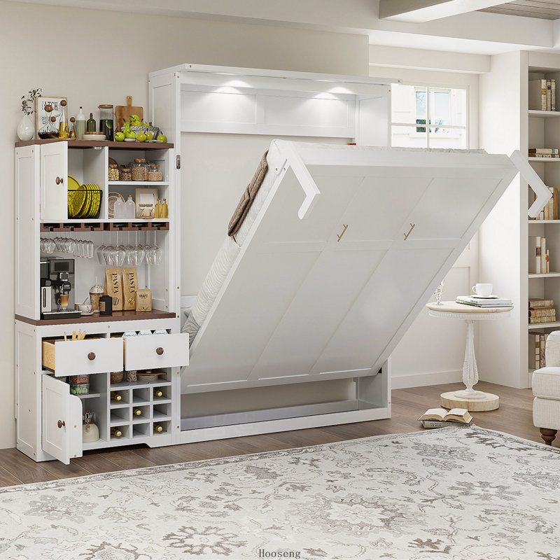 Lit escamotable Queen avec armoire de rangement, casier à vin, porte-verres, tiroirs et bande DEL multicolores, blanc