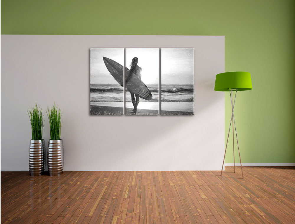 3-tlg. Leinwandbild-Set „Surferin vor Sonnenuntergang“, Kunstdruck