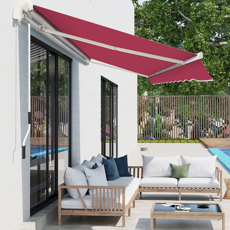 Auvent de patio 10 pi x 8 pi rouge et tissu aquatique avec cadre en aluminium et rétraction manuelle pour terrasse, balcon, cour rouge 8 pi, manivelle