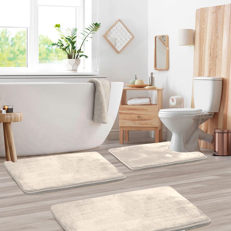 Ensemble de 3 tapis de bain en mousse viscoélastique ultra doux et absorbant avec envers antidérapant Aighan, Lin lin