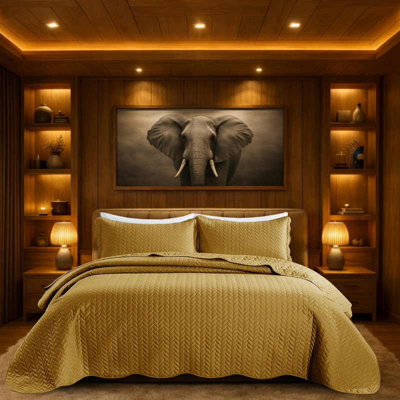 Microfiber Embossed Oversized Bedspread Set With Shams – Modern & Contemporary, Machine Washable, Dust-Resistant, Ochre