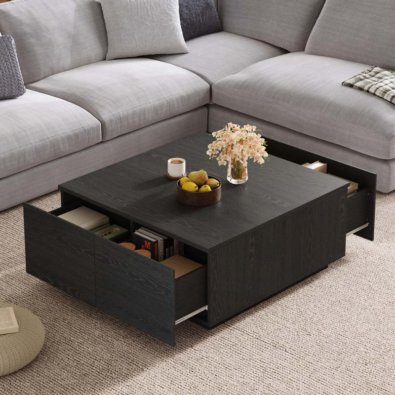 33.25" Square Coffee Table with 4 Drawers, Black