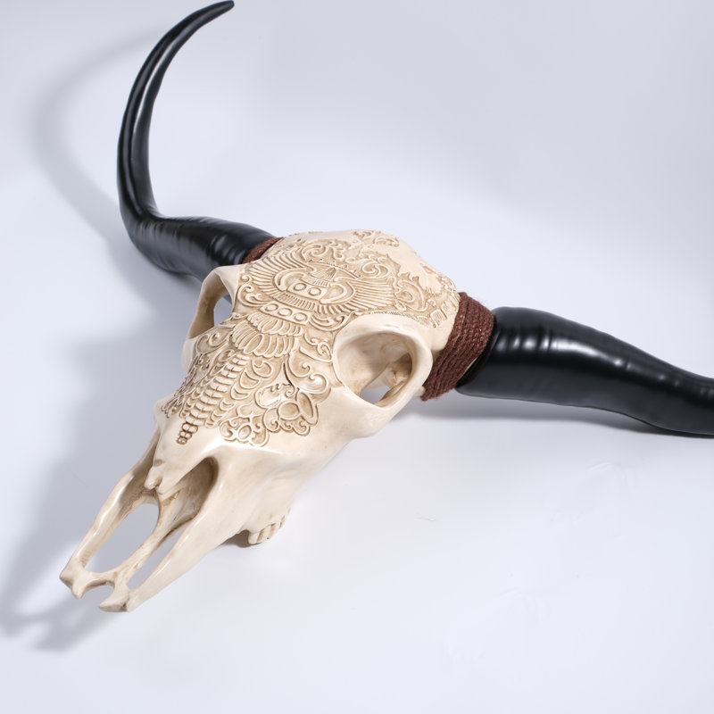 Maryona Bone-Inspired Bull Head Hanging Ornament in Resin Craft, Black;Ivory