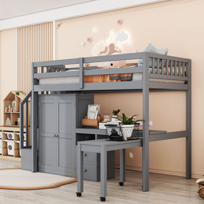 Wood Loft Bed With Storage Drawers, Stairs, Desk And Guardrails by Harriet Bee