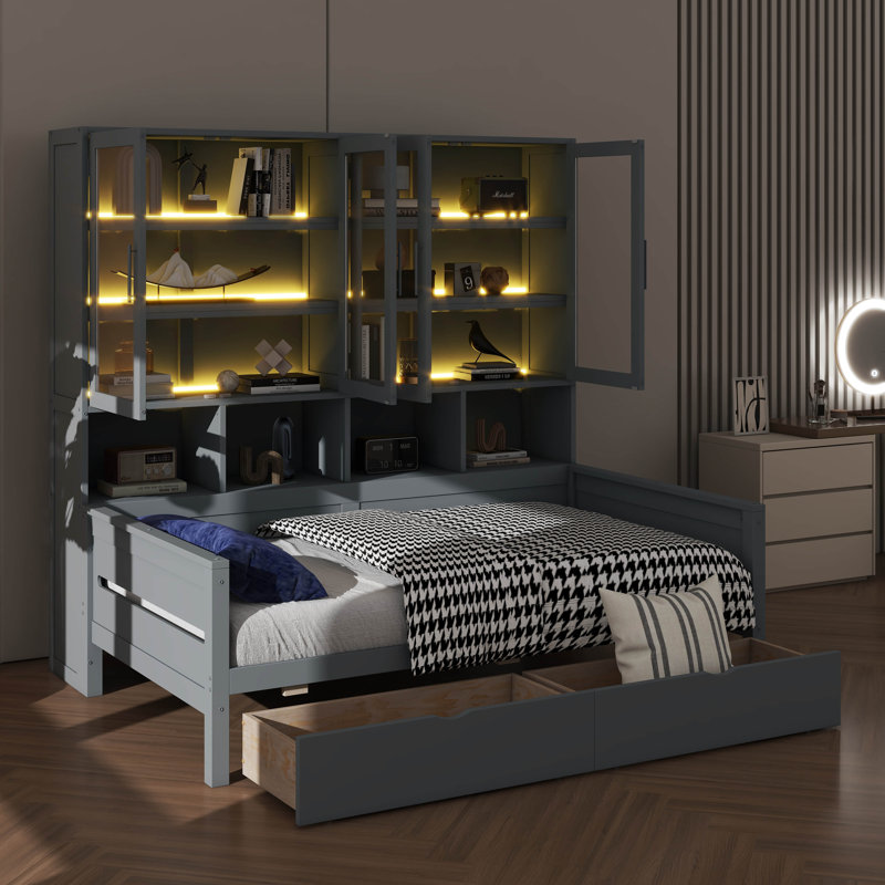 Lit de jour en bois, avec armoires de rangement à portes en verre, éclairage à DEL et tablettes, Simple, gris