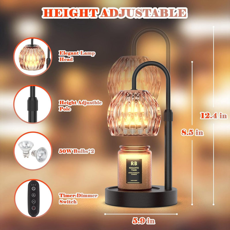Lampe chauffe-bougie électrique avec gradateur, minuterie et hauteur réglable - Cire chaude pour bougies, base en bois, noir - Élégante décoration intérieure et cadeau pour les femmes