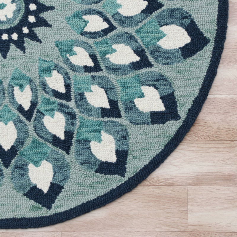 Tapis rond en laine touffeté à la main bleu / gris, Rond 4 pi