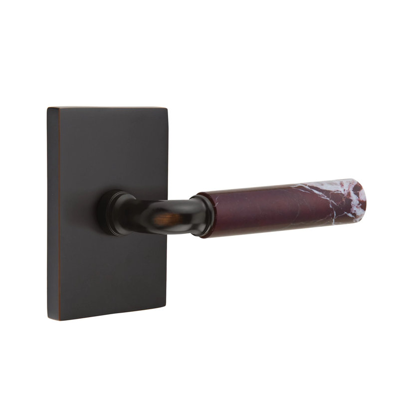 Ensemble de leviers de passage Emtek Select avec rosette rectangulaire et tige R-Bar, levier en marbre Rosso Levanto, Gauche