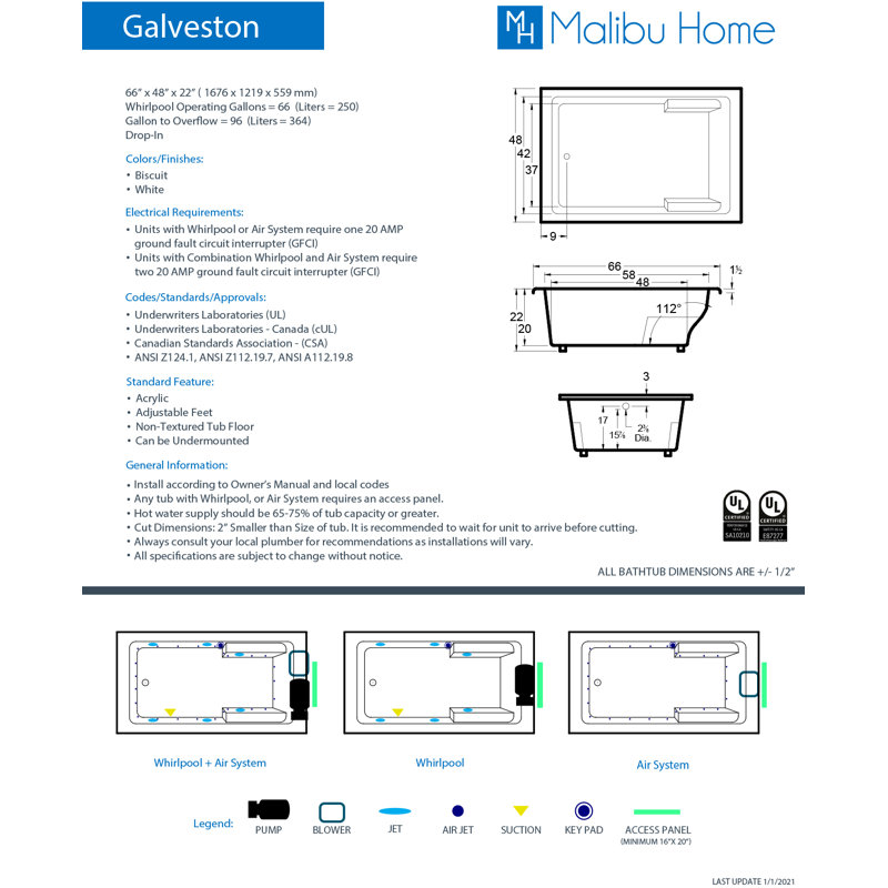 Galveston 66" x 48" Drop In Air Acrylic Bathtub, White