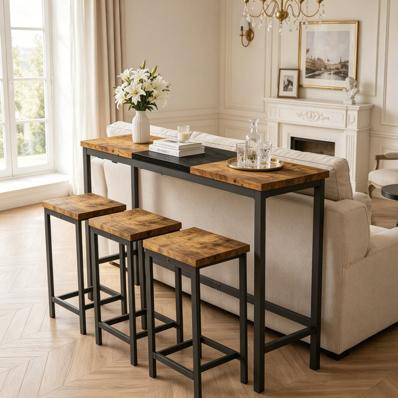 Ensemble de longue table de salle à manger avec tabouret suspendu peu encombrant, Natural/Black