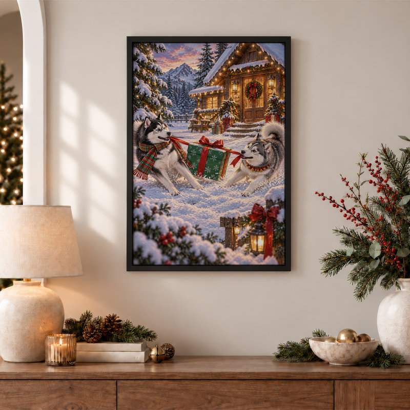 «Two Huskies Pulling Green Gift Box Near Lit Log», art mural sur toile, H 36 po x l 24 po