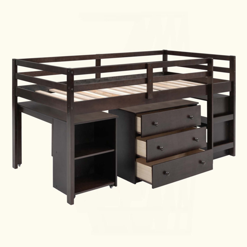 Low Study Loft Bed with Cabinet and Rolling Portable Desk, Espresso