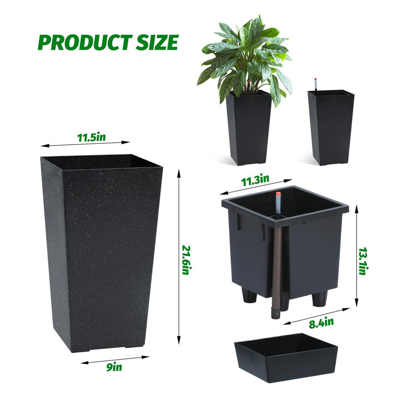 Grand pots de fleurs noirs à arrosage automatique (ensemble de 2) - Pots intérieurs ou extérieurs de 22 pouces avec système de drainage