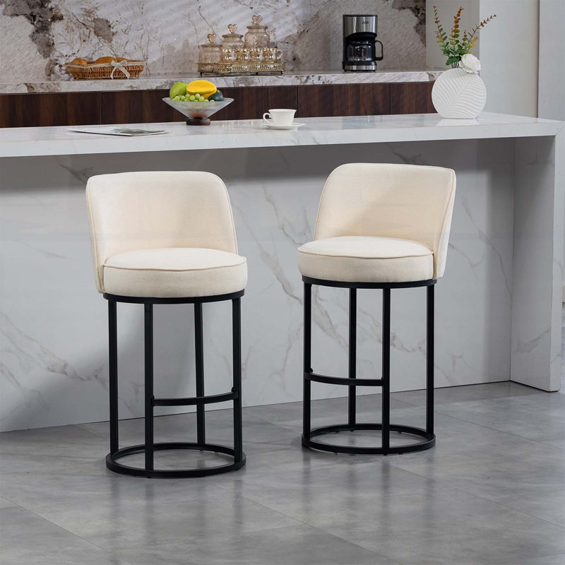Ensemble de 2 tabourets de bar à hauteur de comptoir, conception de baril moderne avec dossier, tissu en lin rembourré pour le confort des îlots de cuisine