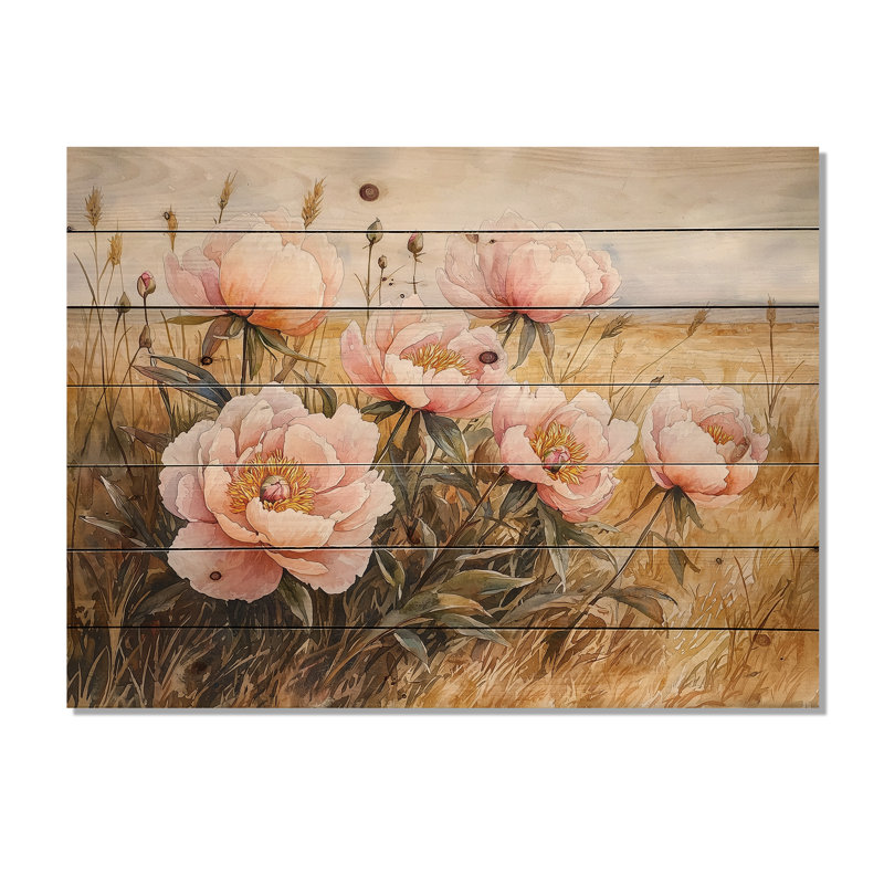 Peonies By The Open Prairie III - Peonies Wood Wall Decor - On Natural Pine Wood, 34" H x 44" W x 0.78" D