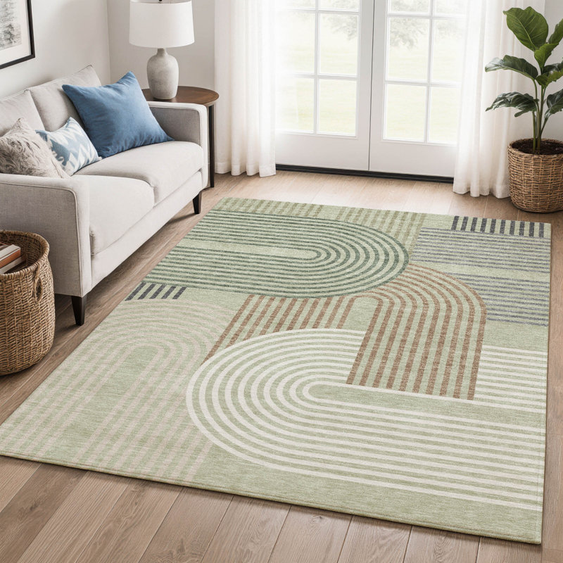 Tapis moderne lavable à la machine de qualité supérieure Mid-Century, Céleri, 5 pi x 7 pi 6 po