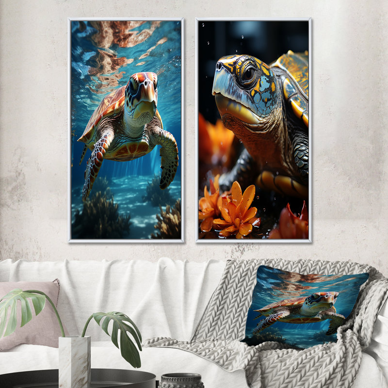 " Turtle Aquatic Wandererin Ocean " 2 - Pieces, White Framed, 40" H x 40" W