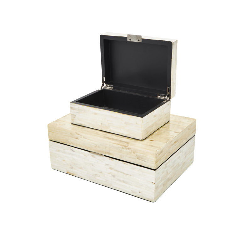 Ensemble de 2 boîtes en nacre faite à la main avec couvercle à charnière Juliette, 12 po, l 8 po, Blanc teint