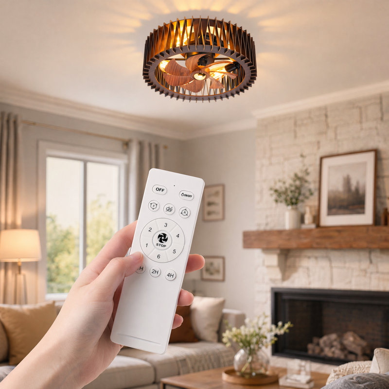 Ventilateur de plafond encastré de 20 po avec lumière, ventilateurs de plafond en bois en cage avec télécommande, Moto DC silencieuse à 6 vitesses pour la chambre à coucher