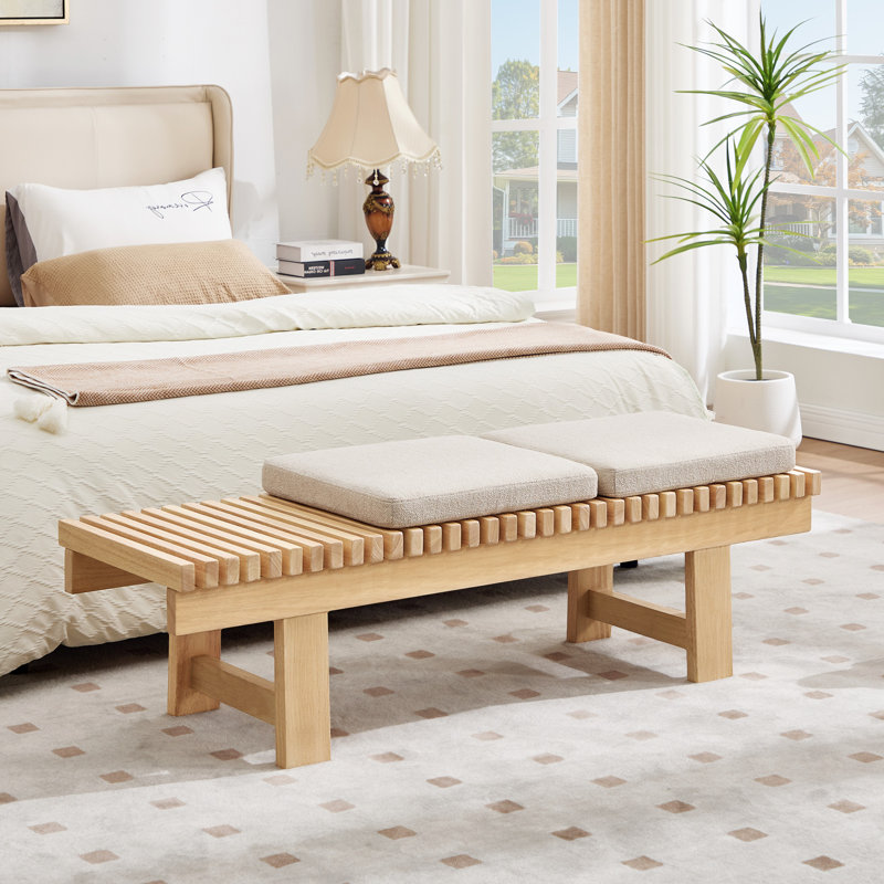 Okoboji 59.5" Mid-Century Solid Wood Slatted Bench with 2 Removable Cushions, Natural