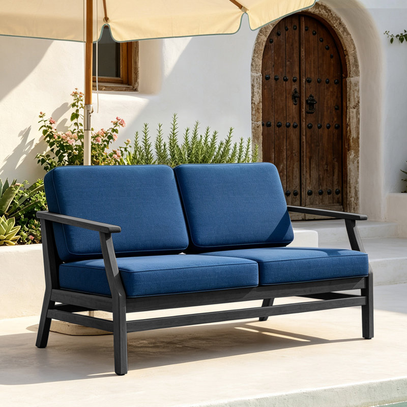 Causeuse d'extérieur en bois de teck avec coussin et accoudoirs Clinkscales, Marine, Noir